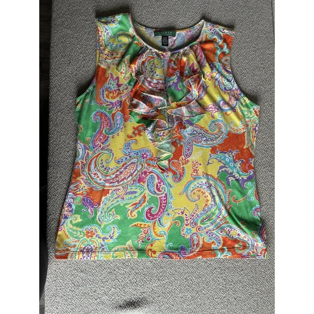 Lauren Ralph Lauren XL Paisley Ruffle Sleeveless Blouse Colorful Cotton Top - Picture 10 of 11